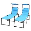 Outsunny 2 Pcs Outdoor Lounge Chair, Adjustable Backrest Folding Chaise Lounge, Cushioned Tanning Chair w/Sunshade Roof & Pillow Headrest for Beach